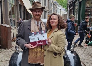 Bookish stars Mark Gatiss and Polly Walker at the start of filming.