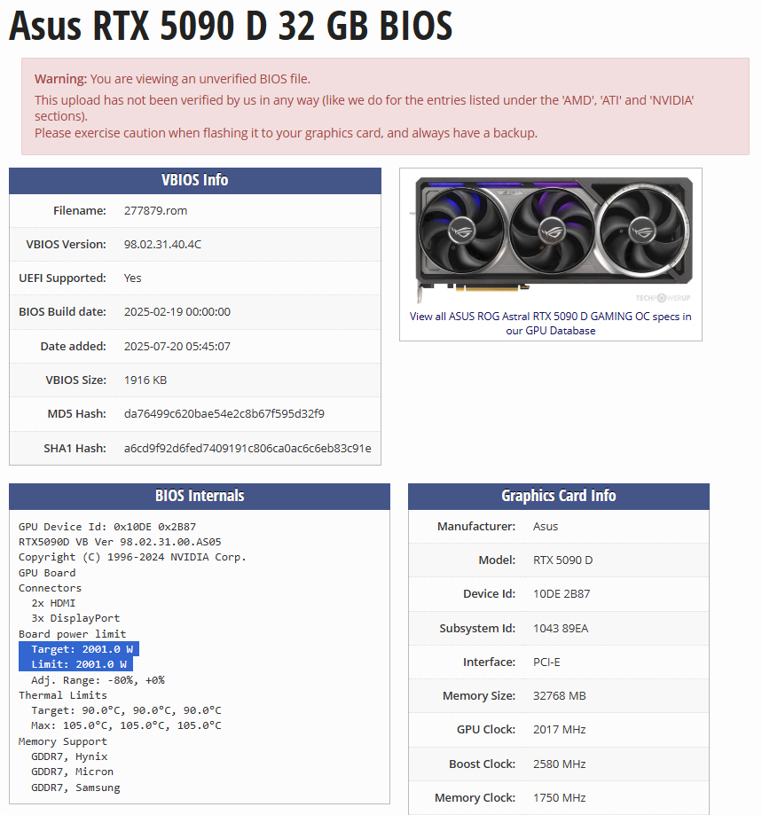Asus RTX 5090D 2001-watt BIOS