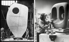 Two black-and-white images. On the left, a giant abstract sculpture. On the right, the female sculptor at work.