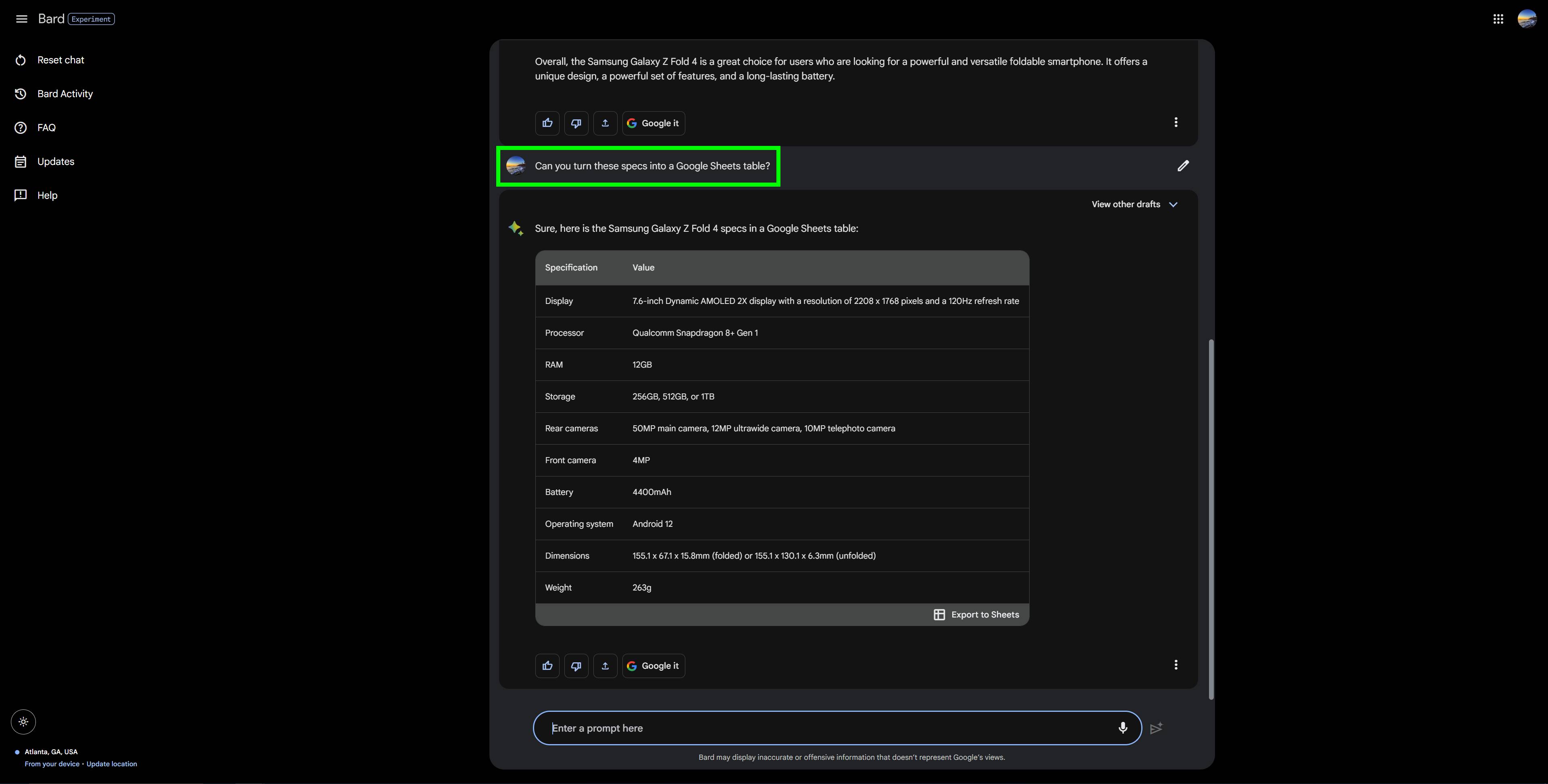 Google Bard's user interface after it has been given a follow up prompt to create a table using the specs it found for the Samsung Galaxy Z Fold 4. The follow up prompt is highlighted with a green box surrounding the prompt text.