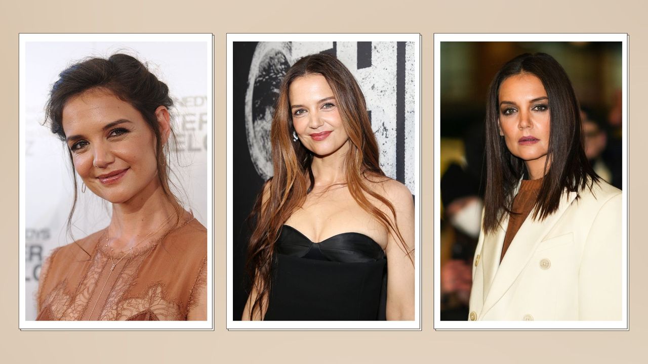 three images of Katie Holmes wearing different beauty looks on a beige background