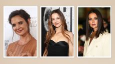 three images of Katie Holmes wearing different beauty looks on a beige background