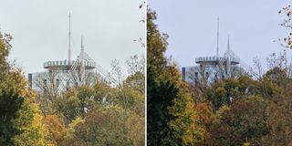 Two images of the same building, demonstrating the difference between optical and digital zoom