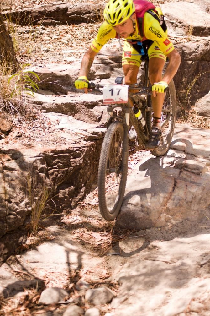 Jiri Krivanek strong on the technical downhills descends on the Old Coach Trail.