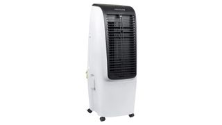 Frigidaire portable swamp cooler in a white design with black grate.