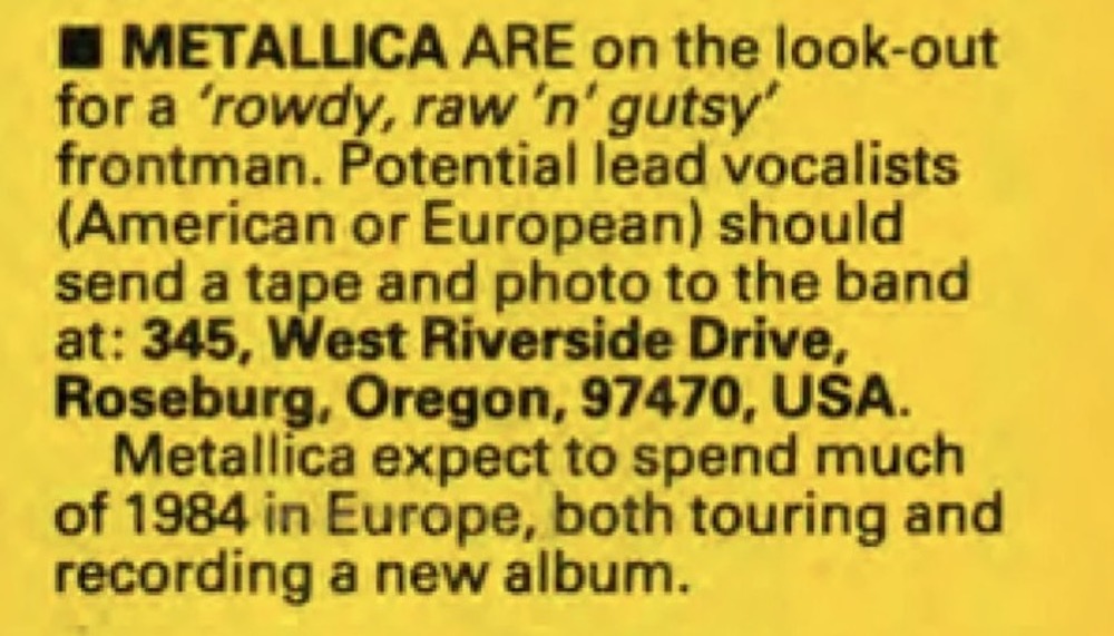 Metallica singer ad, 1983
