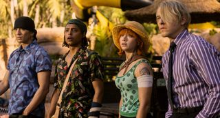 Sanji, Nami, Usopp, and Zoro looking concerned at something off camera