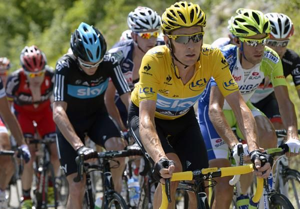 Tour leader Bradley Wiggins (Sky) in action during stage 10.