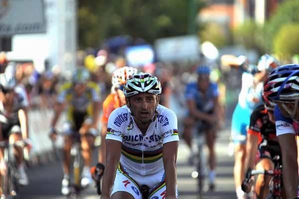 Paolo Bettini (Quick Step) came in 12 seconds back, but looked as though he'd really worked for the time.