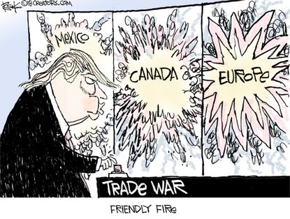 Political cartoon U.S. Trump trade war friendly fire Mexico Europe Canada