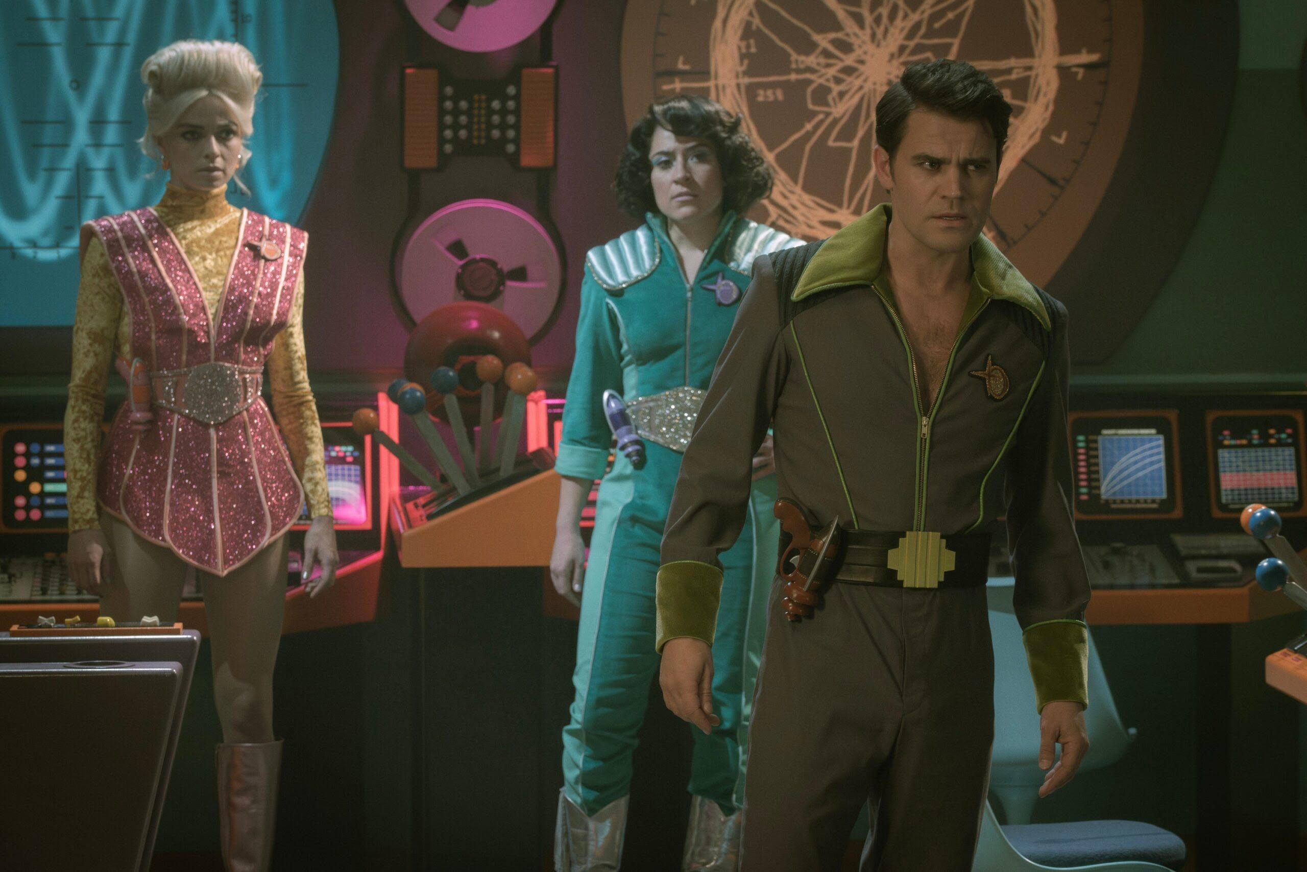 Three sci-fi characters from a cheesy '60s TV show