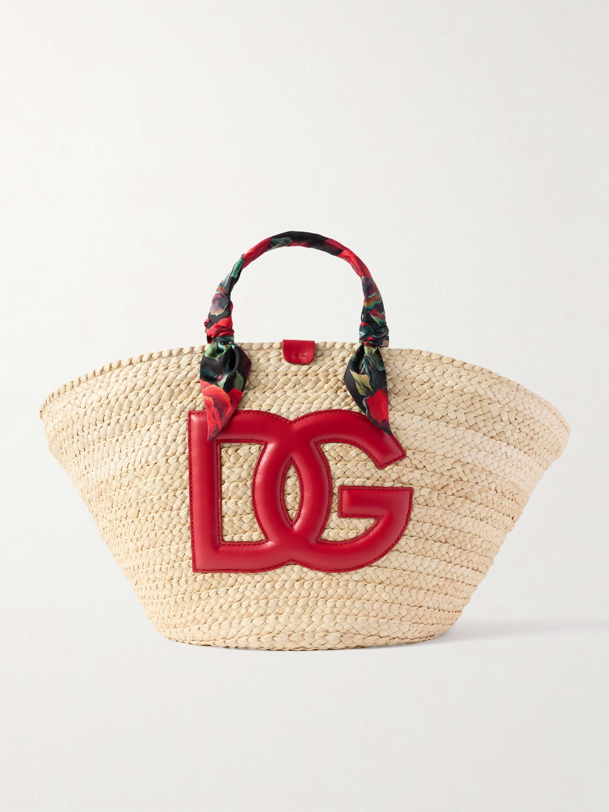 Kendra Leather and Floral-Print Satin Twill-Trimmed Raffia Tote