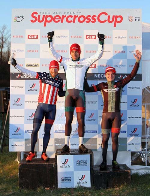 Men's Podium: 2nd place, Stephen Hyde (Cannondale p/b CYCLOCROSS WORLD) 1st place, Curtis White (Cannondale p/b Cyclocrossworld) 3rd place, Lane Maher (Cannondale p/b CYCLOCROSSWORLD