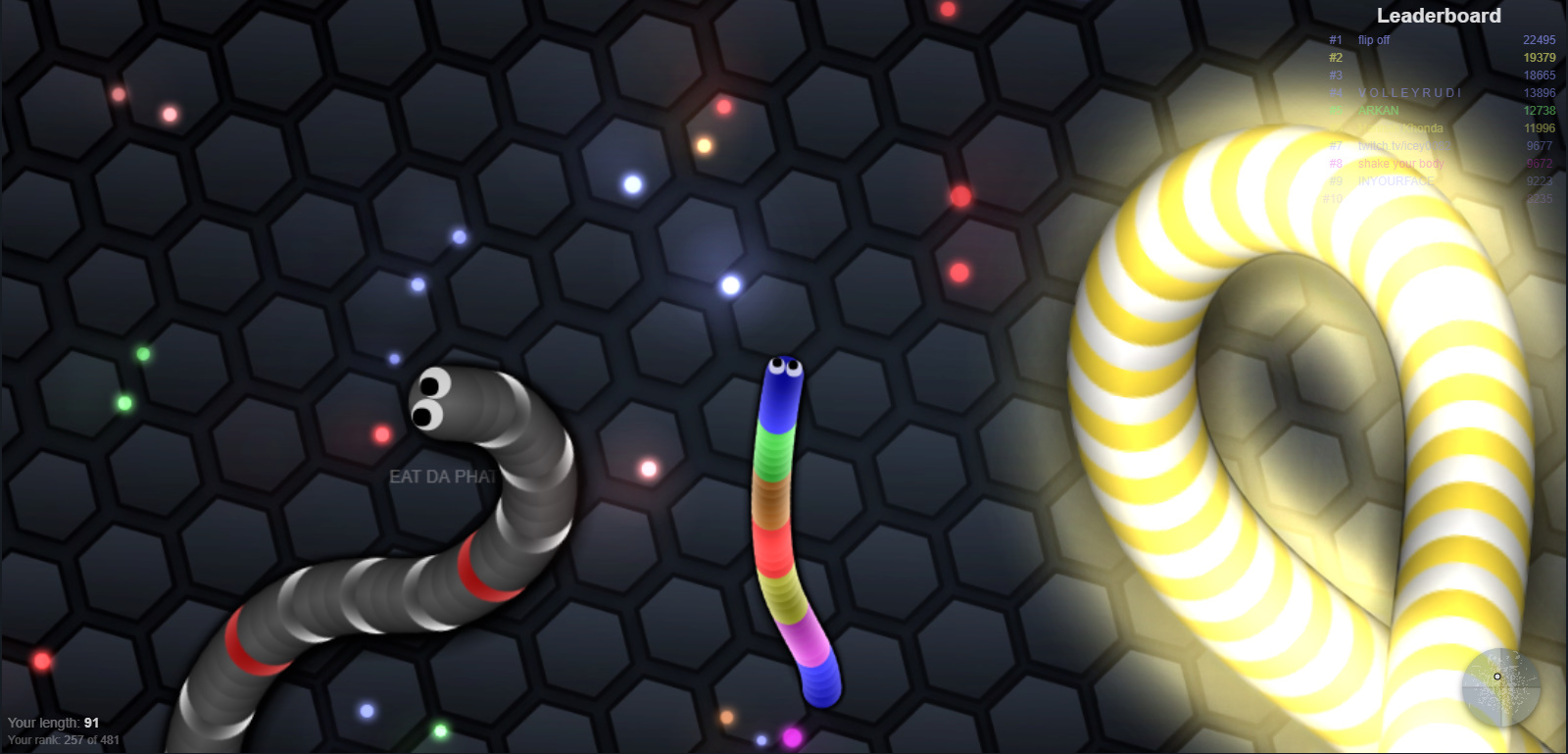 Best Browser Games: Slither.io - glowing worms on a background of hexes