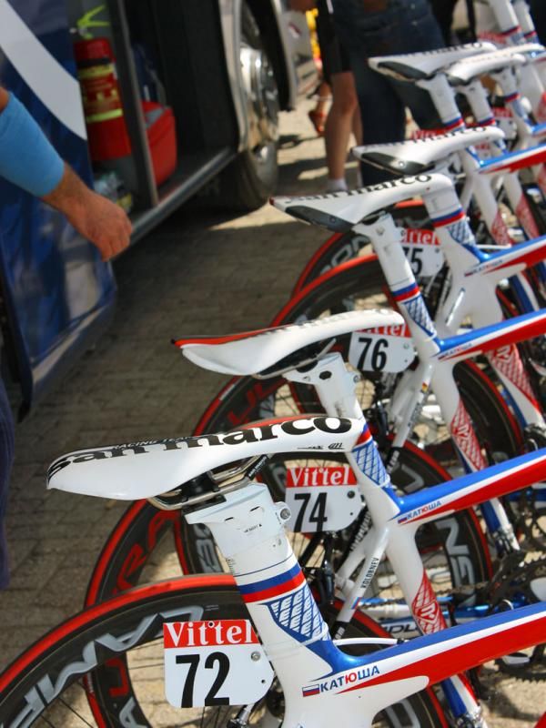 A collection of Selle San Marco saddles are mounted atop the Katusha team bikes.