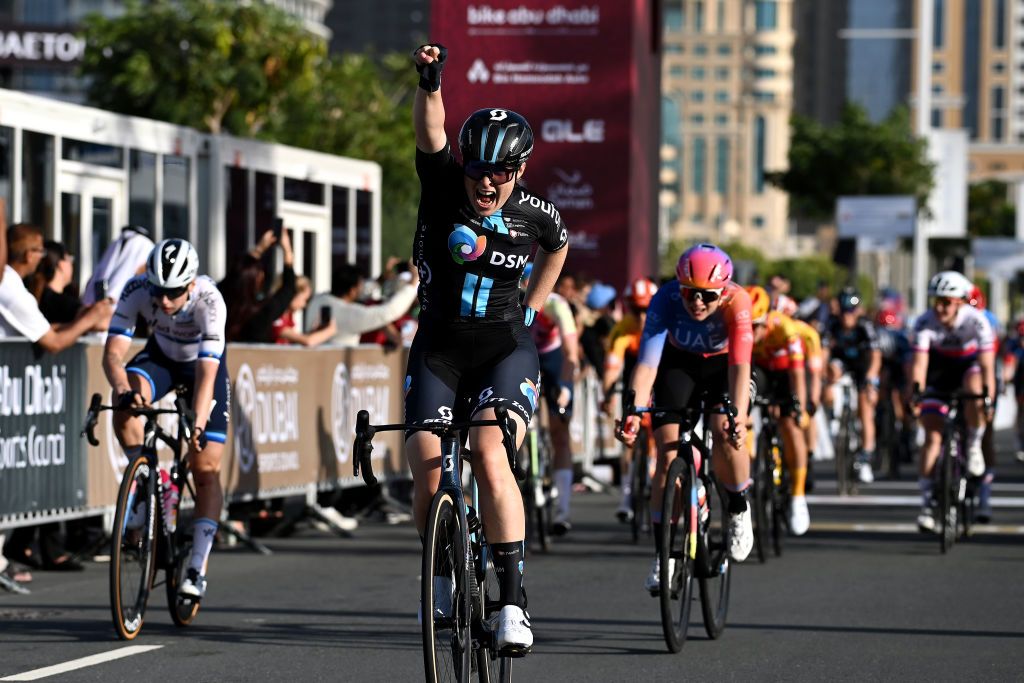 DUBAI UNITED ARAB EMIRATES FEBRUARY 09 Charlotte Kool of The Netherlands and Team DSM celebrates at finish line as stage winner during the 1st UAE Tour Women 2023 Stage 1 a 109km stage from Port Rashid to Dubai Harbour UAETourWomen on February 09 2023 in Dubai United Arab Emirates Photo by Tim de WaeleGetty Images