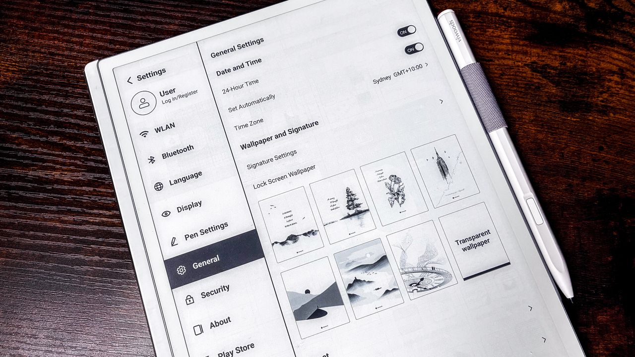 The settings pane on the ViWoods AiPaper tablet