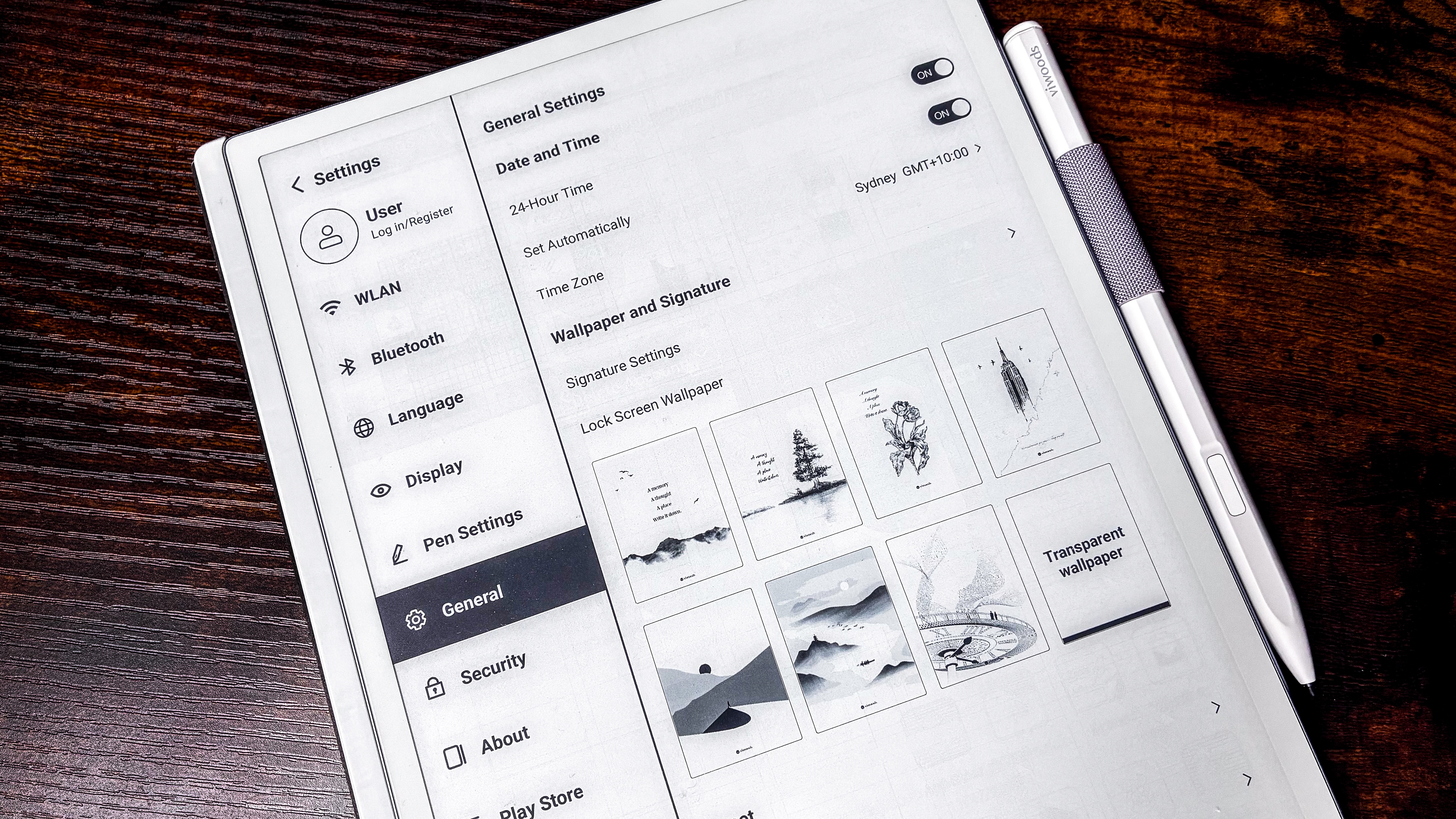 The settings pane on the ViWoods AiPaper tablet