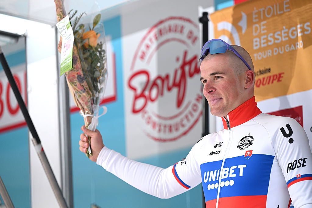 BESSEGES, FRANCE - FEBRUARY 06: Lukas Kubis of Slovakia and Team Unibet Rose Rockets celebrates at podium as Orange Leader Jersey winner during the 56th Etoile de Besseges - Tour du Gard 2026, Stage 3 a 162.3km stage from Besseges to Besseges on February 06, 2026 in Besseges, France. (Photo by Luc Claessen/Getty Images)