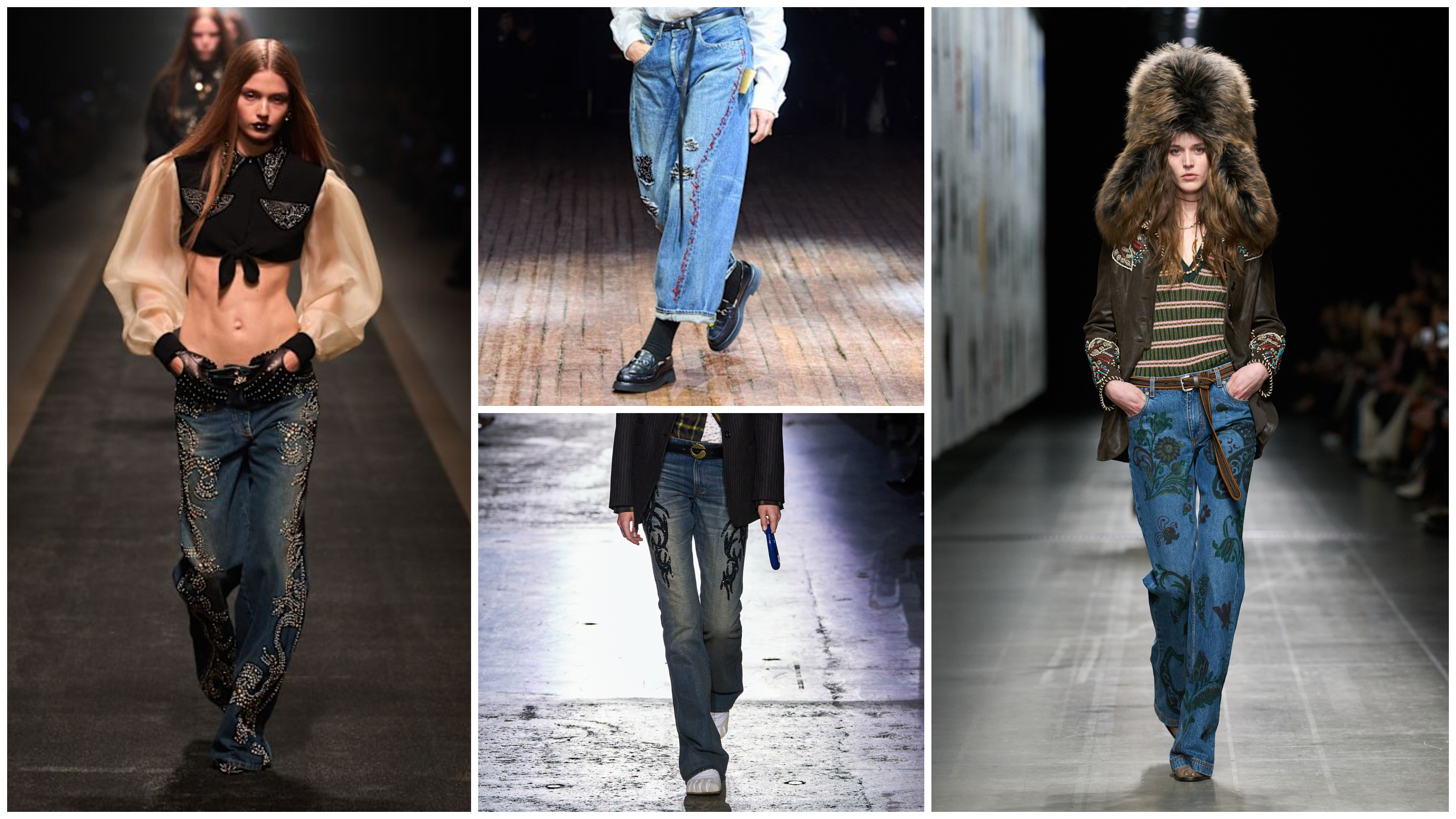 the decal fall 205 denim trend at Versace, Undercover, Coperni, and Etro