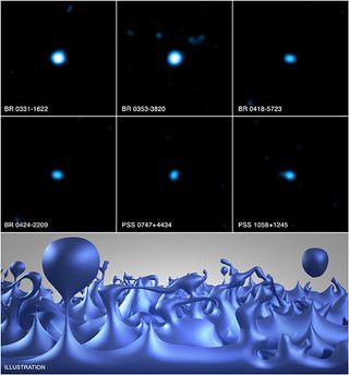 Observations of distant quasars in X-rays from Chandra (top six images) and gamma-ray telescopes are helping scientists test the nature of space-time at extremely small scales. This artistʼs illustration (bottom) depicts how the foamy structure of space-time may appear, showing tiny bubbles quadrillions of times smaller than the nucleus of an atom that are constantly fluctuating and last for only infinitesimal fractions of a second.