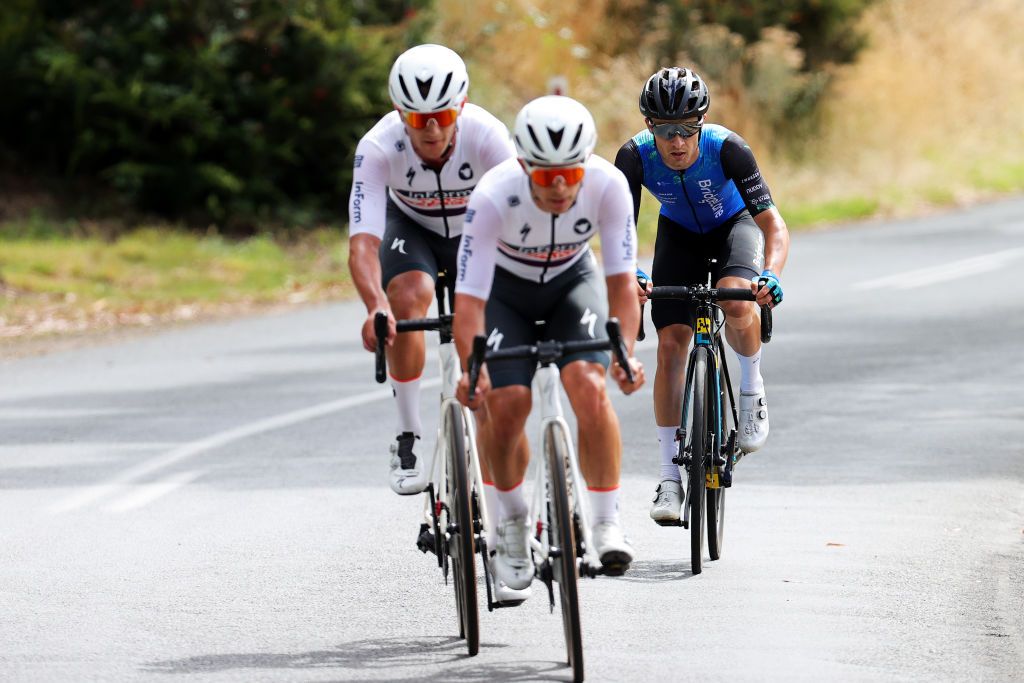 BALLARAT AUSTRALIA JANUARY 15 LR Blake Quick of Australia Tristan Saunders of Australia and Mathew Dinham of Australia compete in the breakaway during the Australian Cycling National Championships 2022 Mens U23 Road Race a 1392km race from Ballarat to Ballarat AusCyclingAus on January 15 2022 in Ballarat Australia Photo by Con ChronisGetty Images