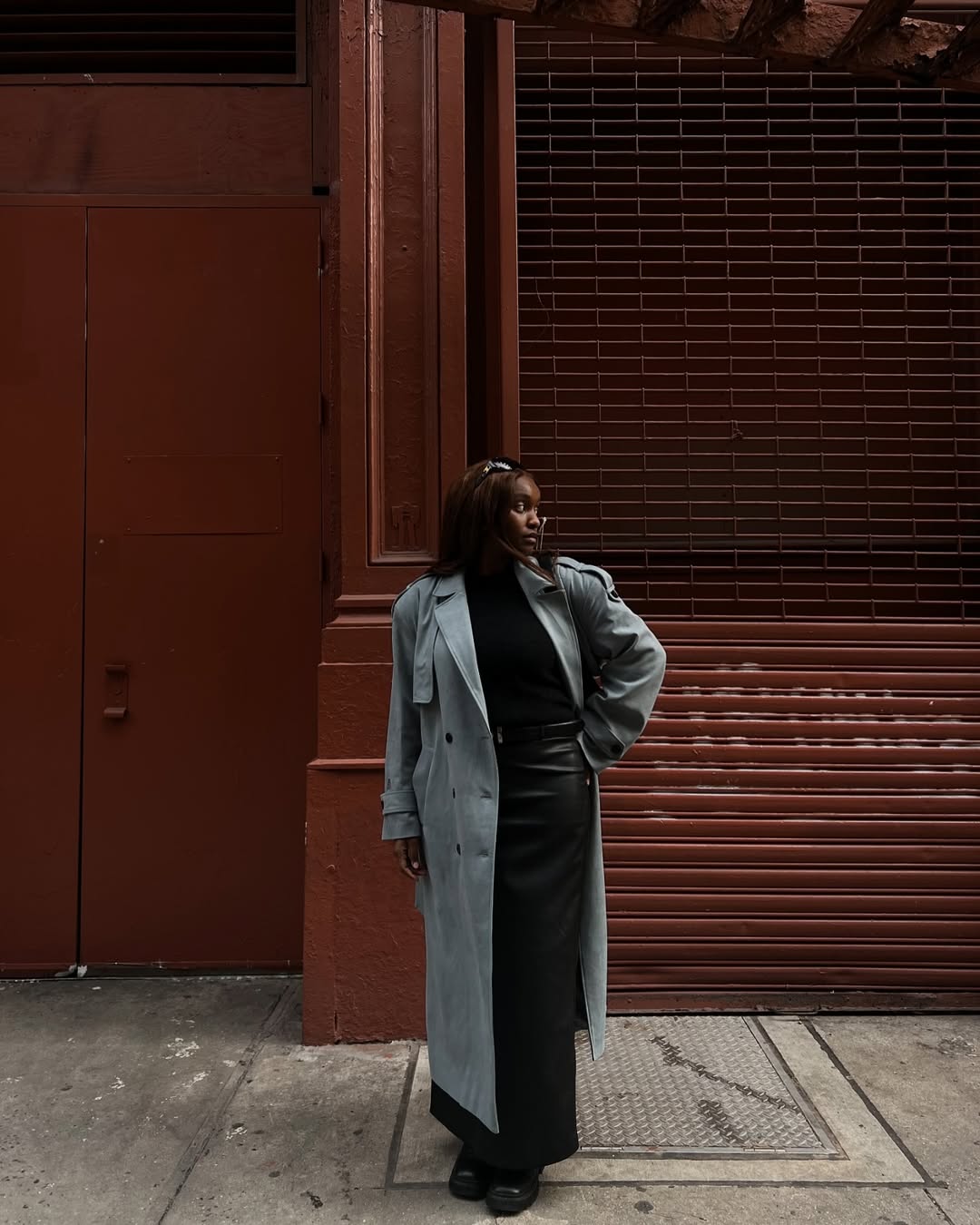 January 2026 outfit ideas: Rebekah in grey coat and leather trousers