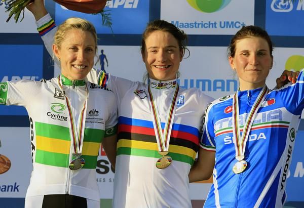 Women's road race podium (L-R): Rachel Neylan (Australia), Marianne Vos (Netherlands) and Elisa Longo Borghini (Italy)