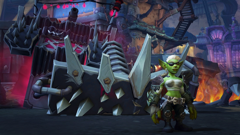 A goblin stands proudly in front of her terrifying-looking machine of death in Undermine(d), the upcoming patch for World of Warcraft.