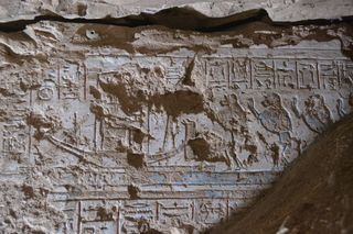 On one of the walls of the entrance to the 3,000-year-old tomb of a royal scribe is a carving depicting four baboons praising the sun god Ra.