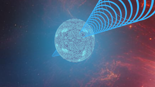 An illustration of a pulsar, a rapidly spinning neutron star that sweeps beams of radiation through space like a cosmic lighthouse