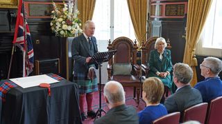 King Charles III and Camilla, Queen Consort attend an official council meeting at the City Chambers
