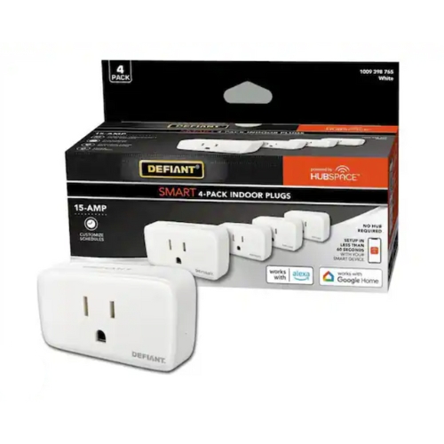 Box of four Defiant 15 Amp 120-Volt Indoor Smart Plugs, against white background.