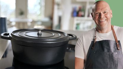 A cutout of Tom Kerridge next to the M&S X Tom Kerridge Cast Iron Casserole Dish being tested in our kitchen