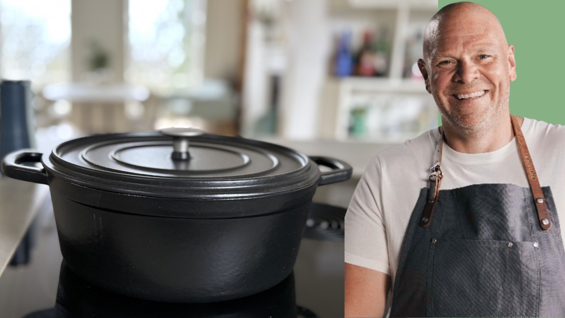 A cutout of Tom Kerridge next to the M&amp;S X Tom Kerridge Cast Iron Casserole Dish being tested in our kitchen
