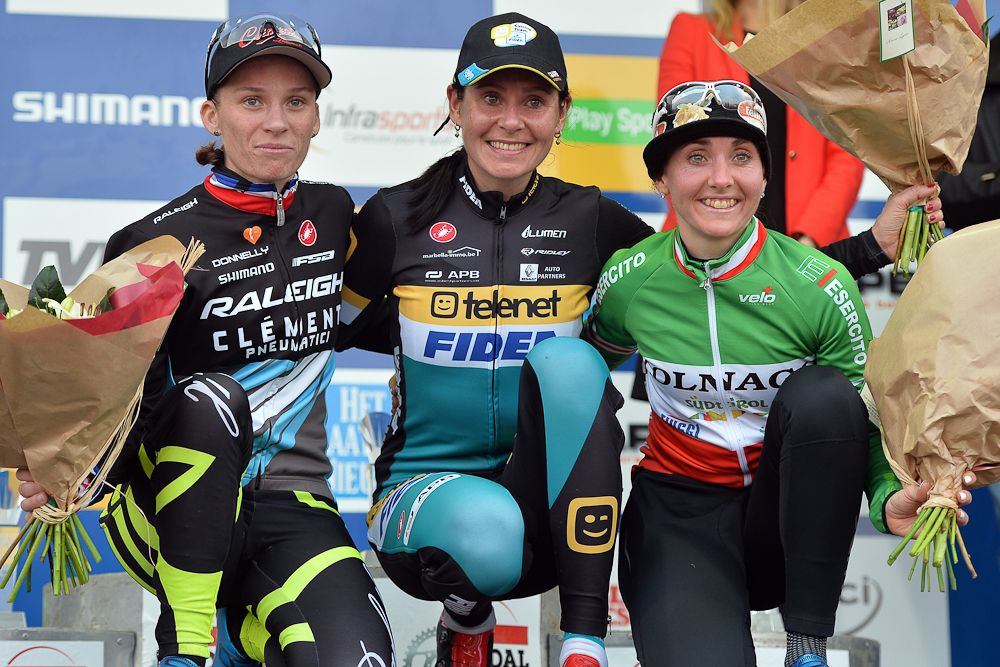 Caroline Mani, Nikki Harris and Eva Lechner celebrate on the Namur podium.