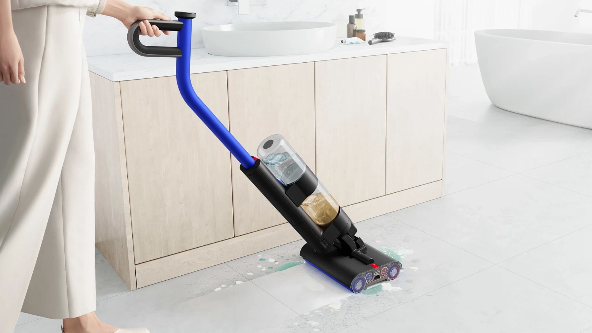 The Dyson WashG1 being used in a bathroom