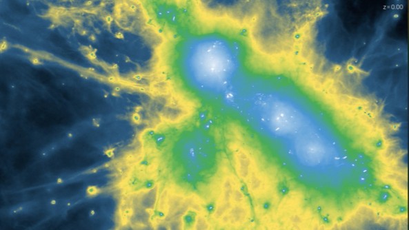 Red, green and blue gas swirls against a black backdrop in this simulated image.