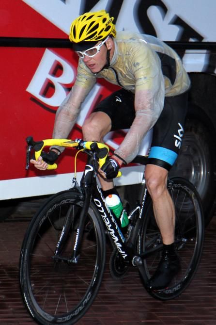 Chris Froome (Sky) in action during a very wet Profronde van Surhuisterveen criterium
