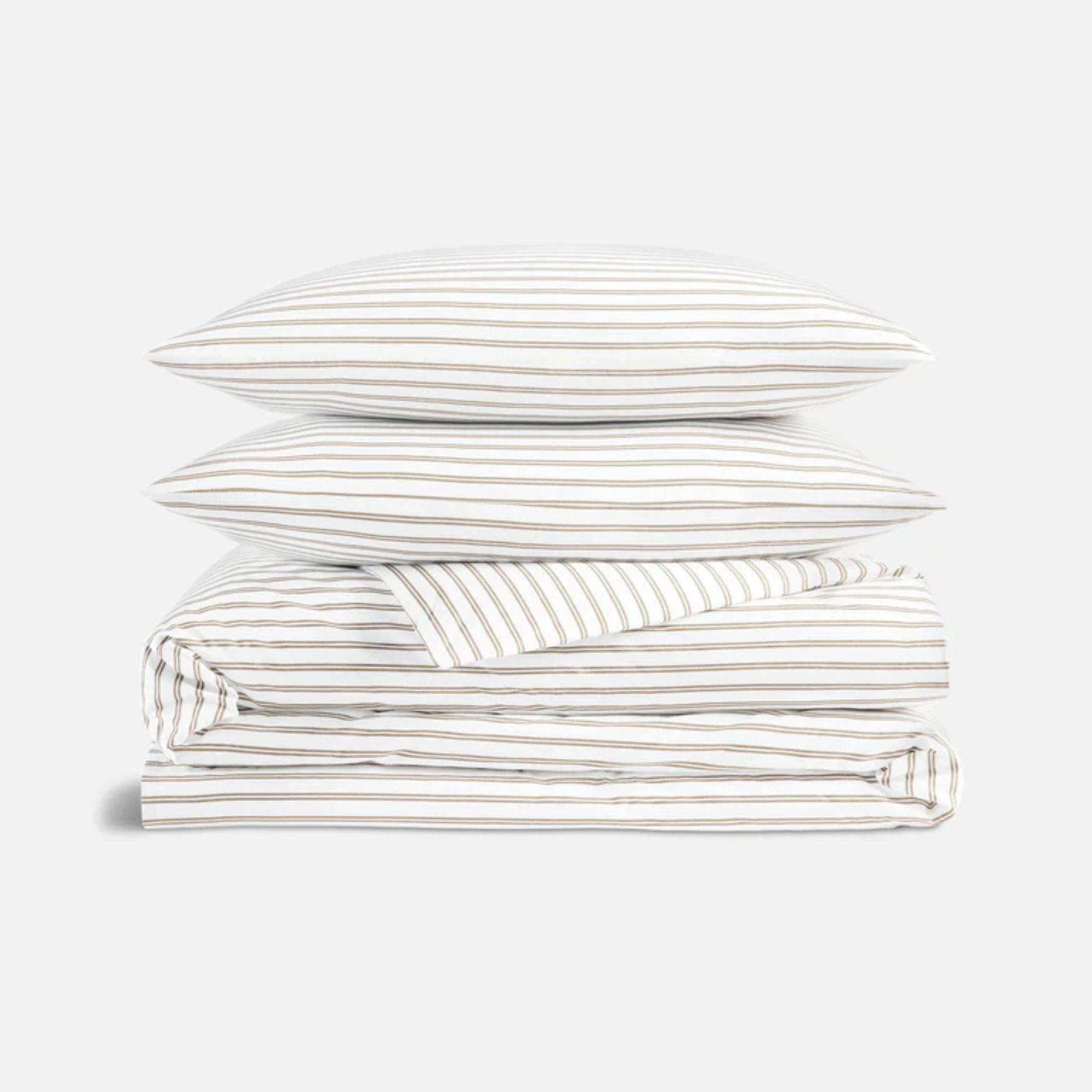 White sheet and pillow set with taupe stripes