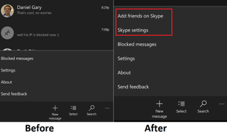 Skype + Messaging new menu options