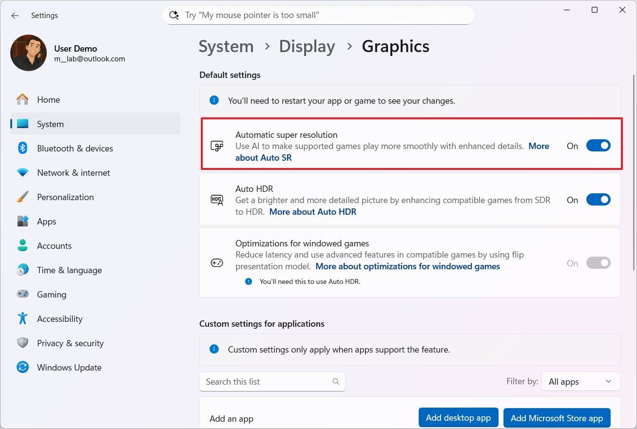 Windows 11 Automatic super resolution enabled