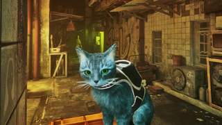 Tabby grey cat wearing backpack in Stray as a mod for the game's original orange cat