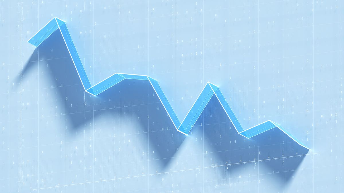 Downward flowing chart indicating lower cyber insurance rates imposed on a blue background with digital symbols.