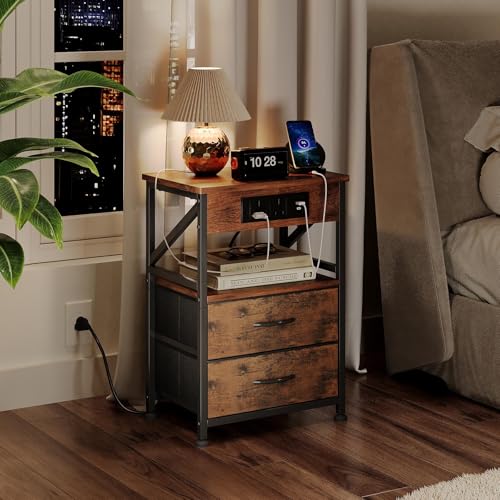 Flrrtenv Bedside Table With Power Strip, Bedside Cabinet With 2 Drawers, Bed Side Table for Bedroom, Night Stand, 2 Ac Outlets, &amp;amp; 2 Usb Ports, Side Table With Metal Frame, Rustic Brown