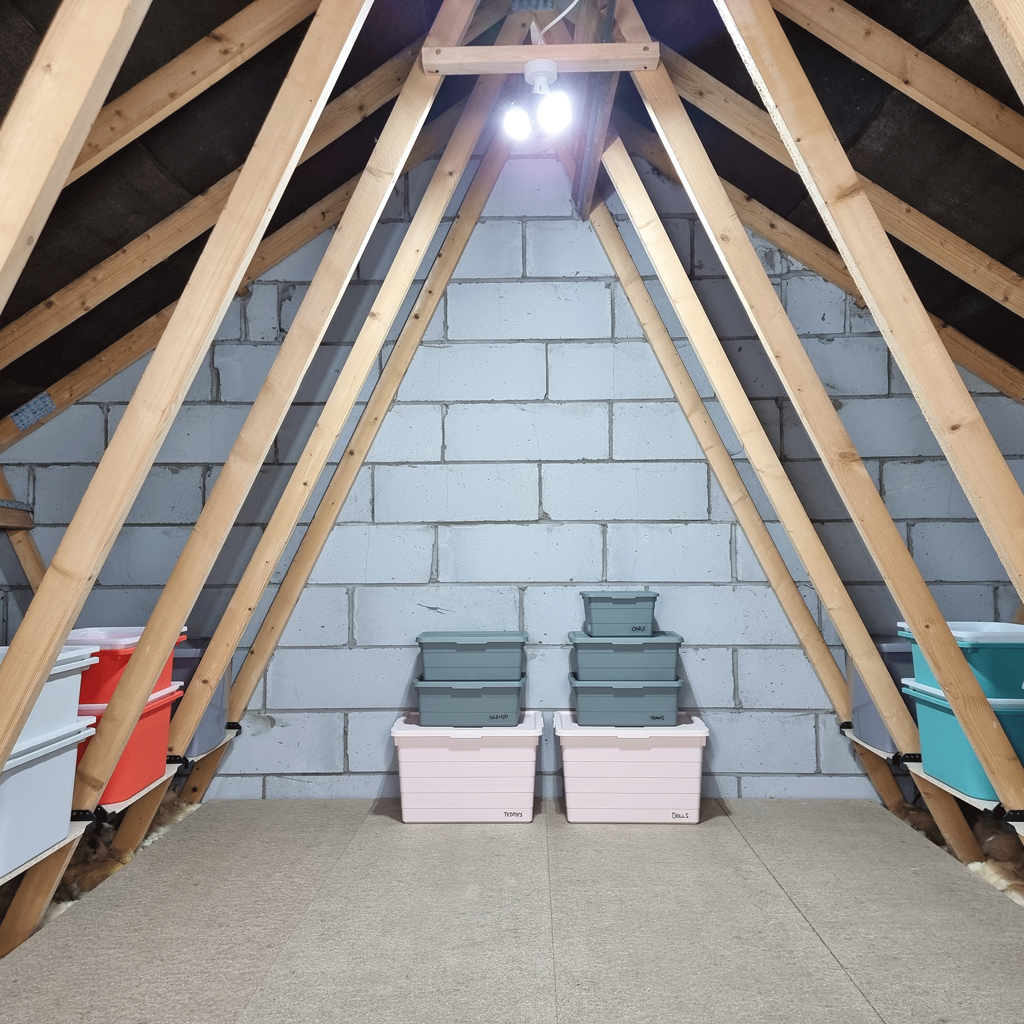 Loft with storage boxes stacked up