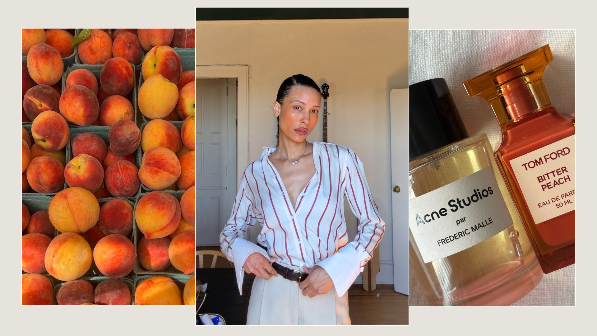 A picture of peaches, an influencer wearing a red and white striped shirt and two of the best peach perfumes