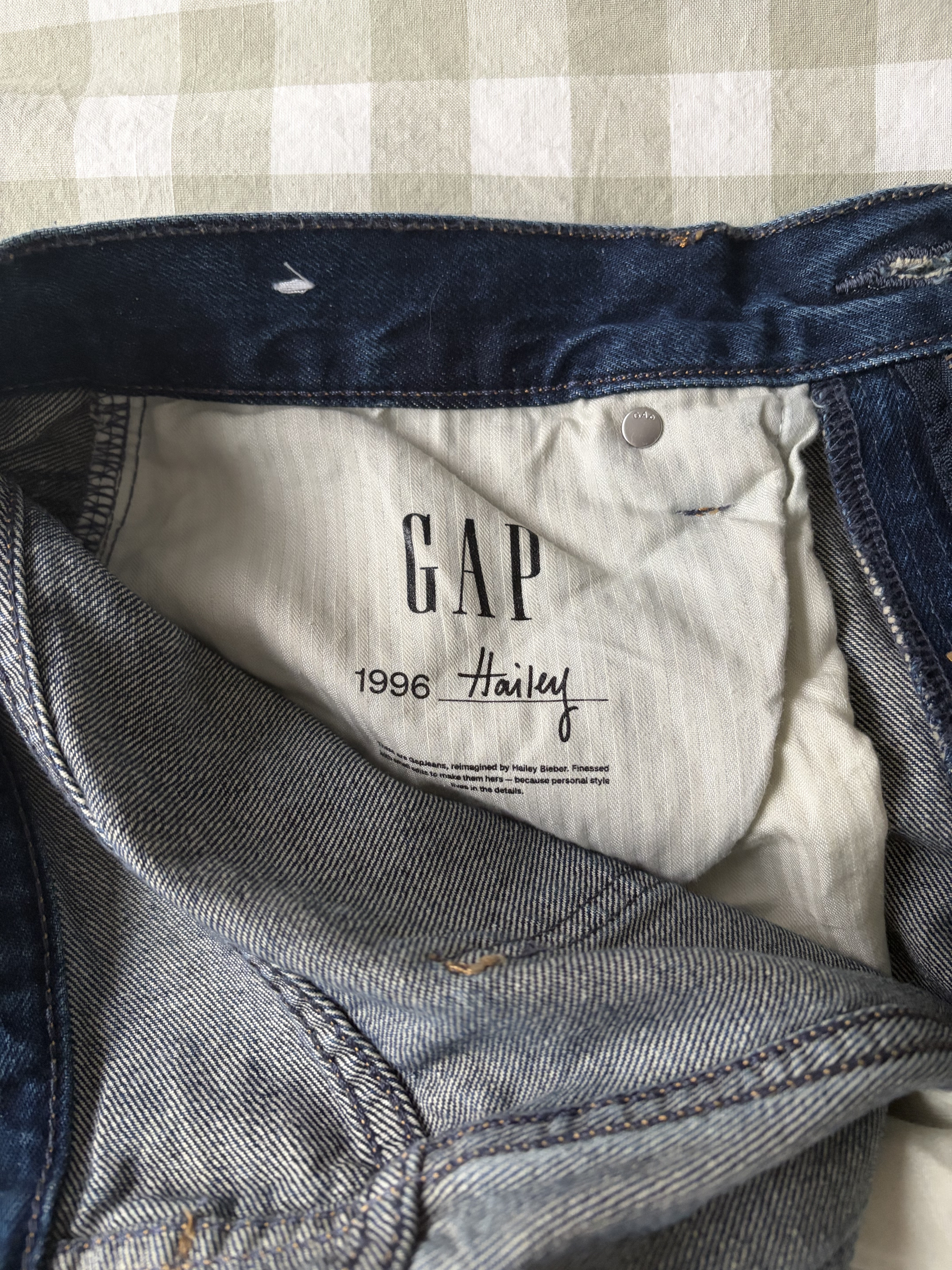 close-up photo of Hailey Bieber's Gap jeans