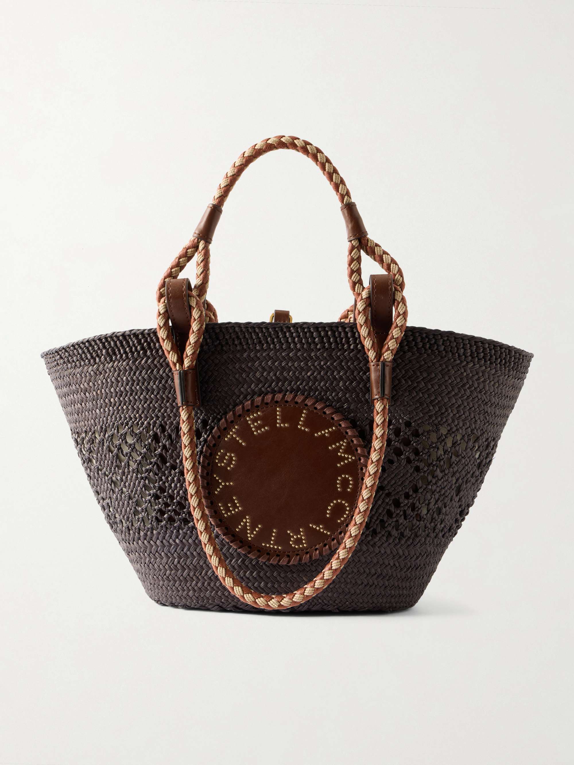 Small Vegetarian Leather-Trimmed Raffia Tote