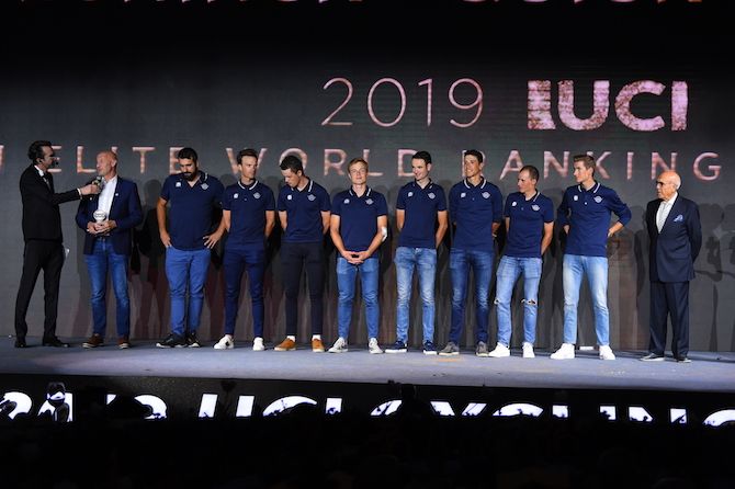 Deceuninck-QuickStep are awarded their prize as best team of the 2019 season at the UCI Gala in Guilin, China